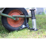 Mini Foot Pump with Digital Manometer in use on a wheelbarrow tyre