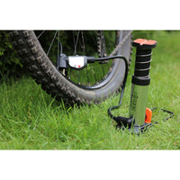 Mini Foot Pump with Analogue Manometer in use on a rear bicycle tyre
