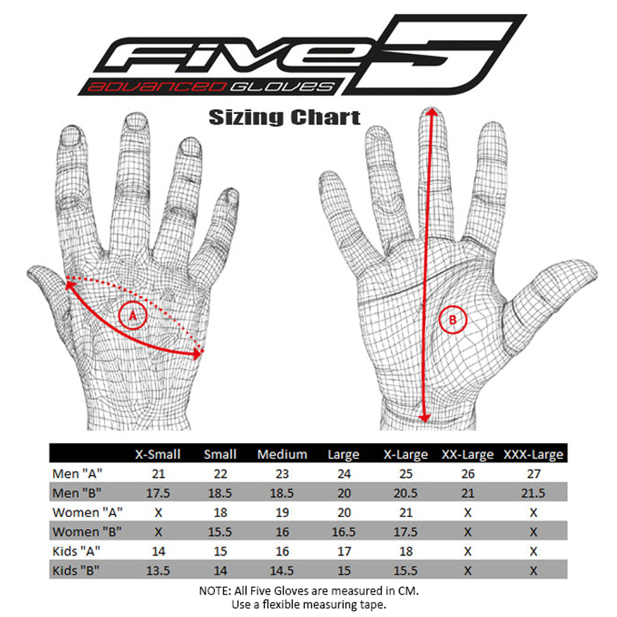 Five Glove Sizing Chart