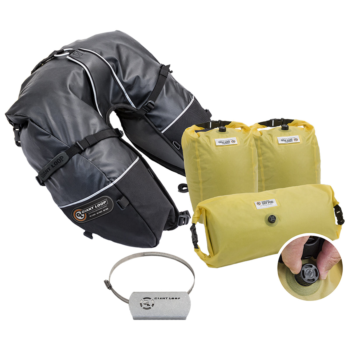 Giant Loop Coyote Saddlebag with dry pods and exhaust shield
