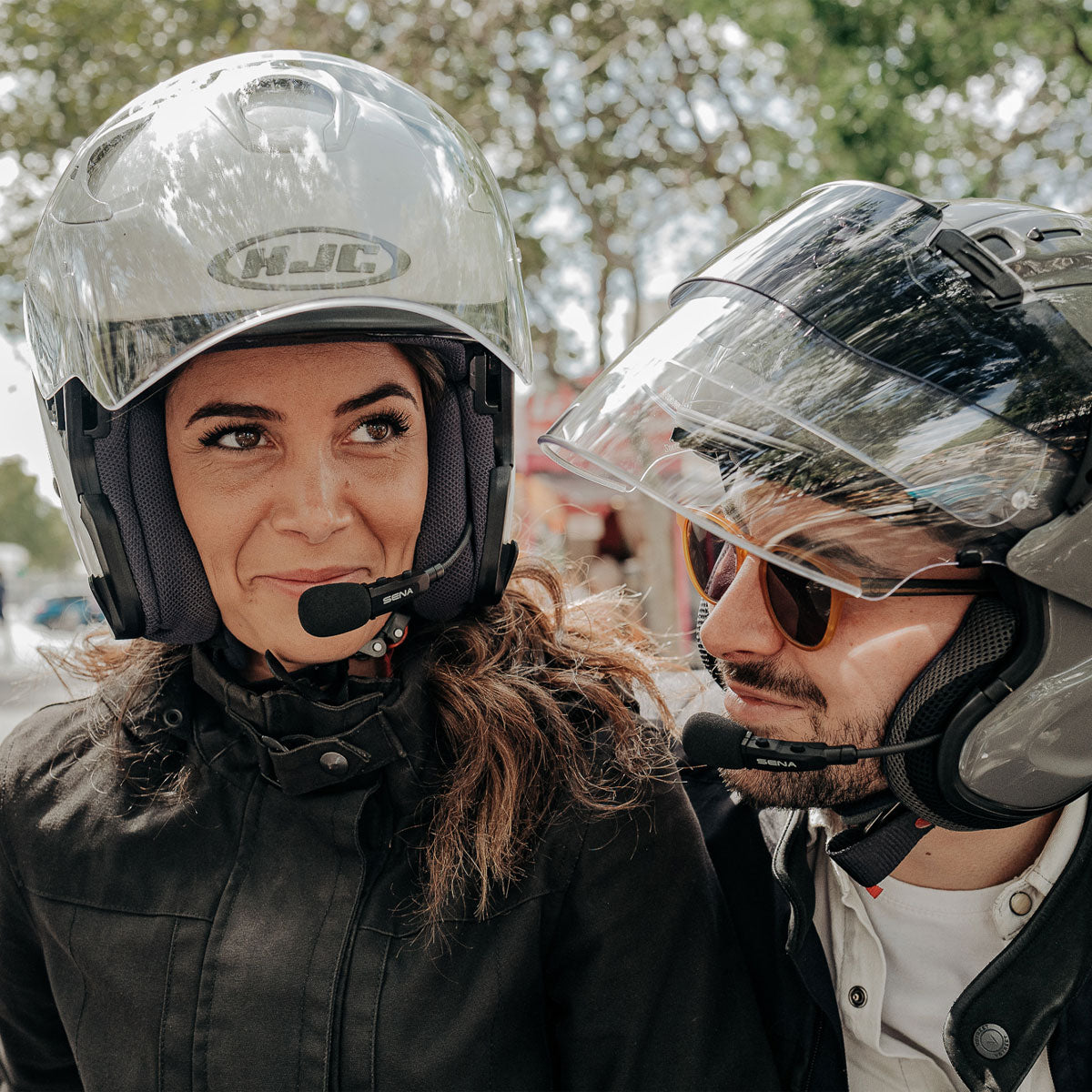 Sena 3SPLUS-B Bluetooth System with Boom Microphone in use with two people