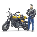 Scrambler Ducati Full Throttle Model Toy with rider standing next to bike