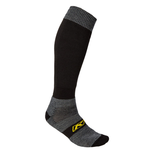 Klim Socks in black and grey, above calf style.