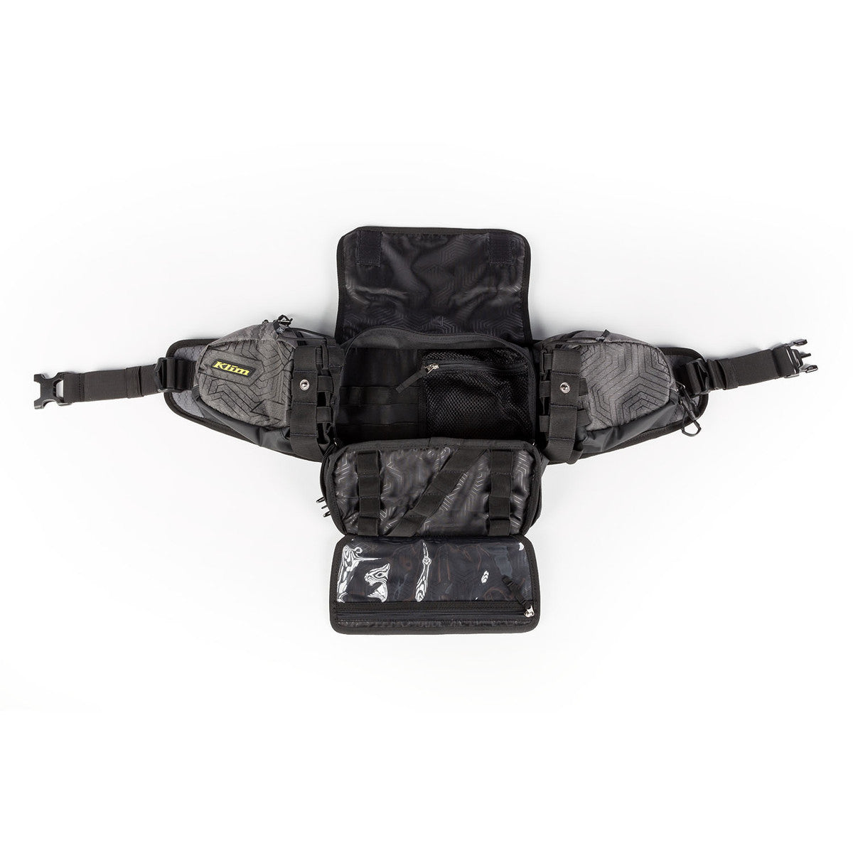 Klim Scramble Pak splayed out to view inside storage pockets