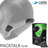 Cardo PackTalk Slim boxed and on a helmet