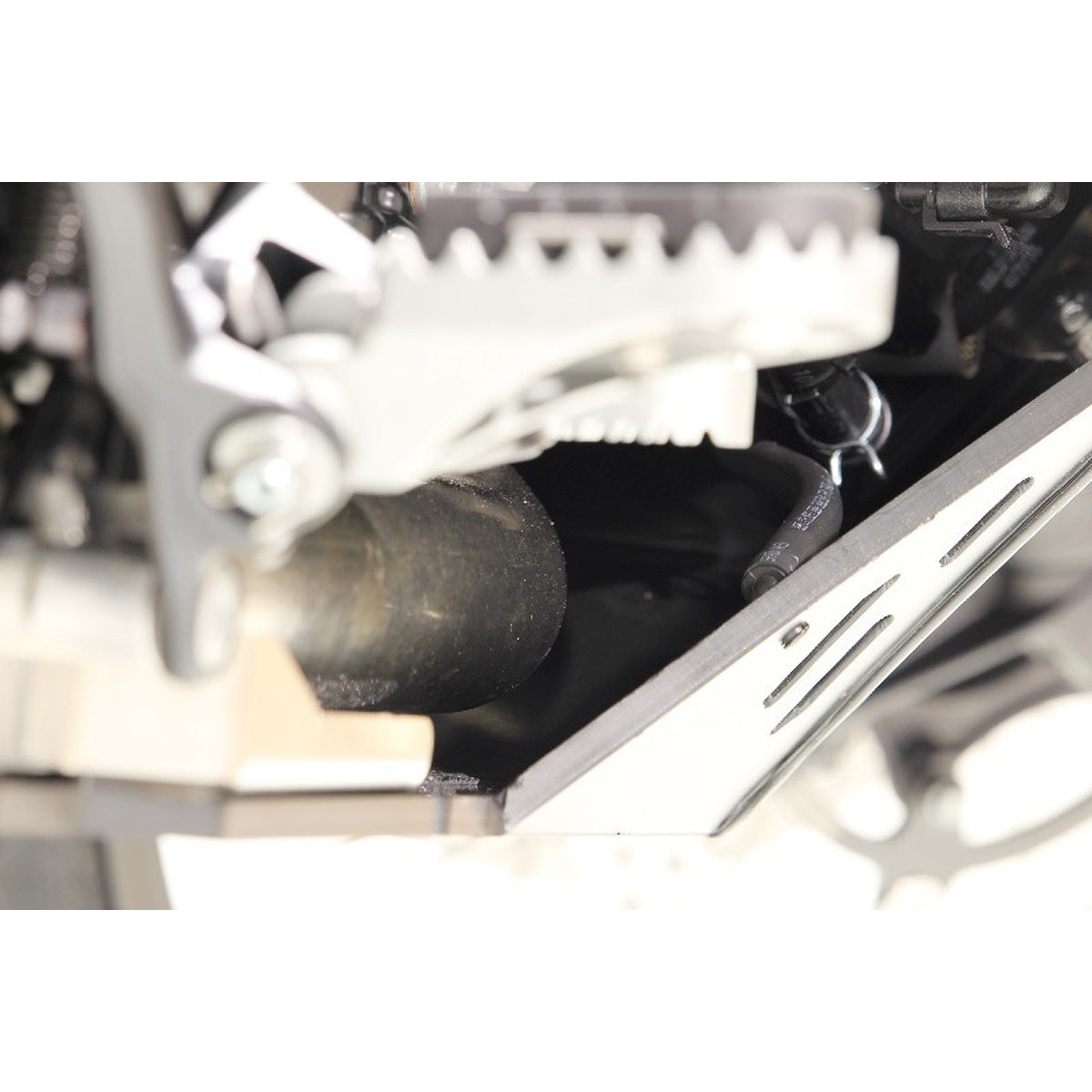 Husqvarna Bash Plate AX1622 BLK - Norden 901 22-23 close up of skid plate fitted to bike