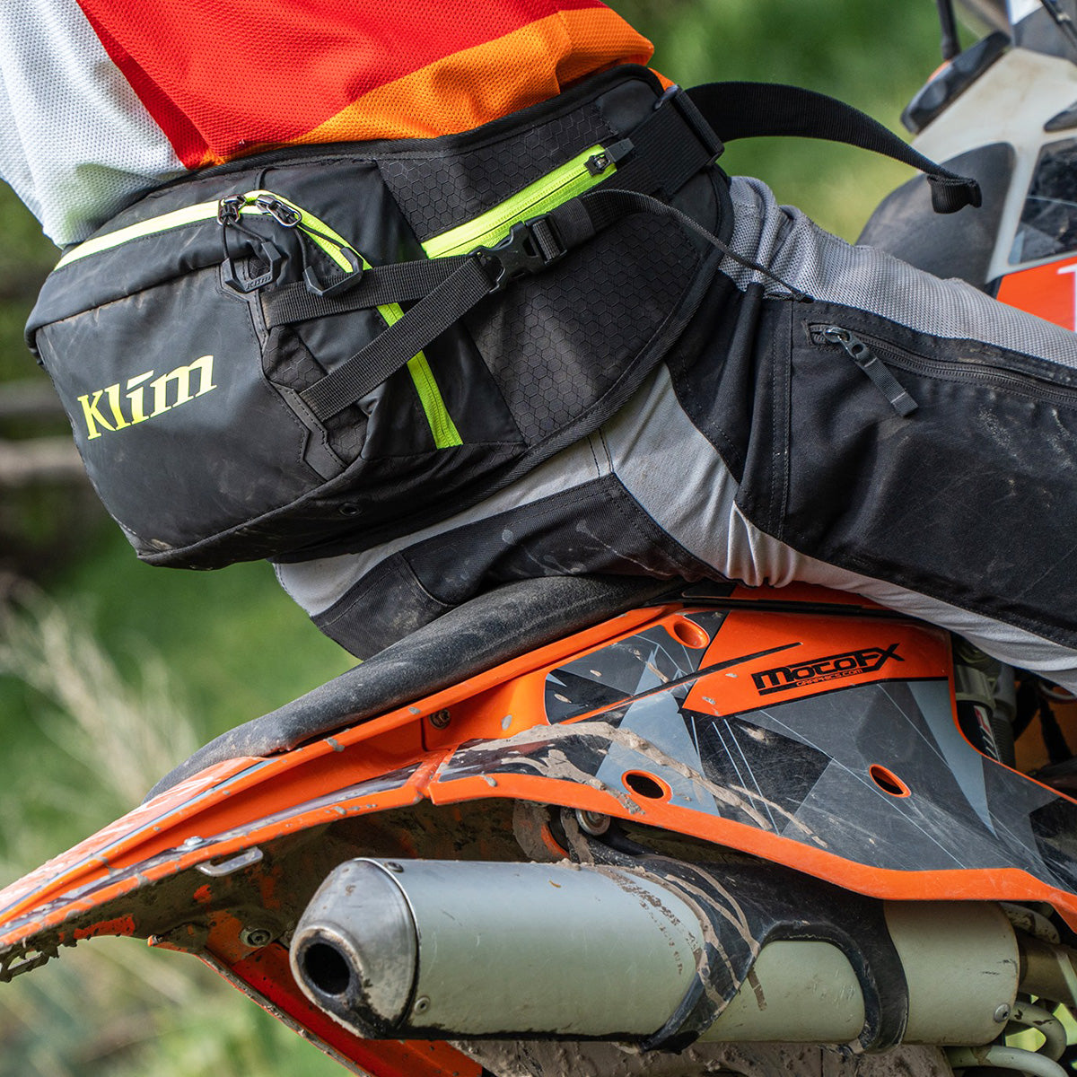 Klim XC Aqua Pak fitted to rider on a motorbike