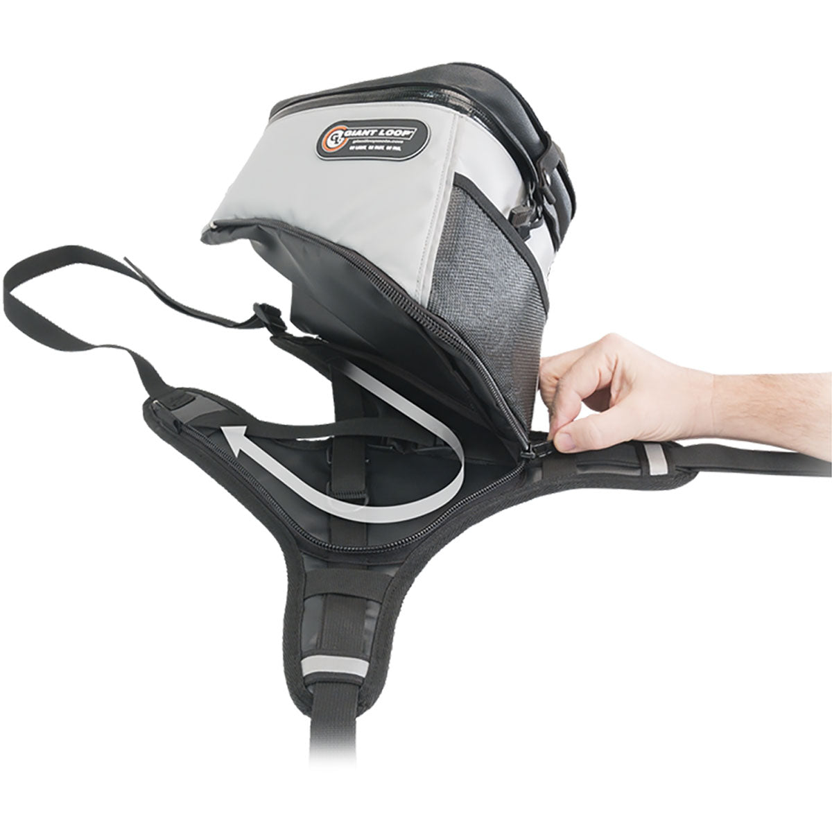 Giant Loop Fandango Pro Tank Bag unzipped showing easy fuel tank access