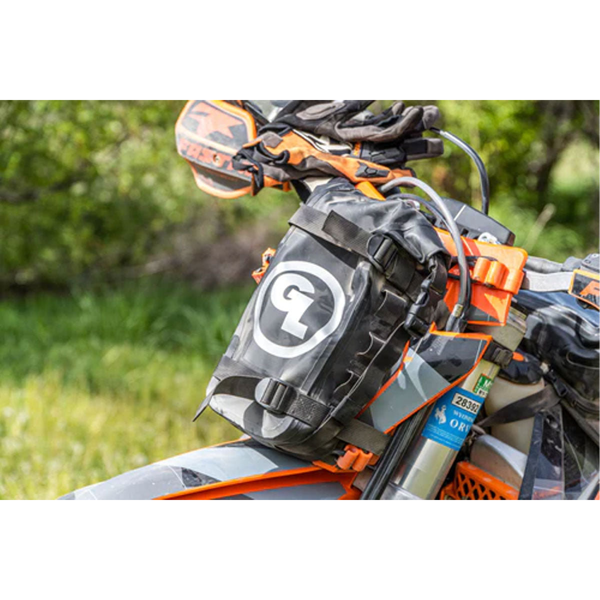 Giant Loop Fender Bag fitted to headlight casing shield