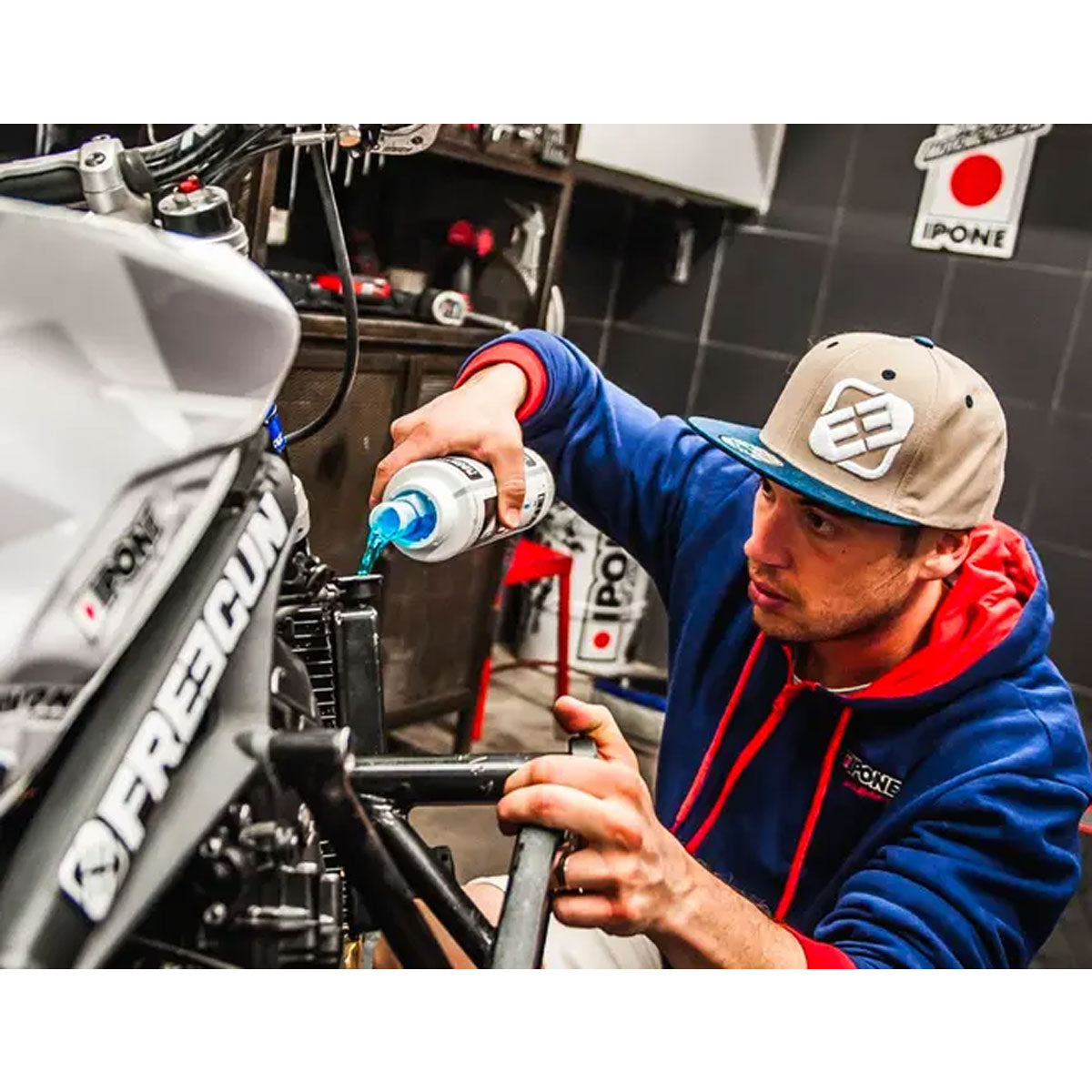 IPONE Radiator Liquid Coolant in use in the workshop