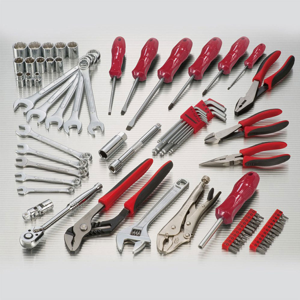 The Powerbuilt Tool kit laid out on display workbench