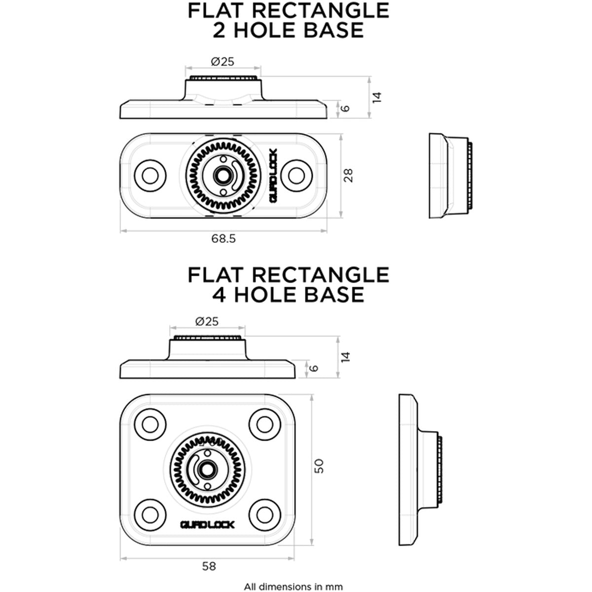 Quad Lock 360 Base - Flat Rectangle Base dimensions