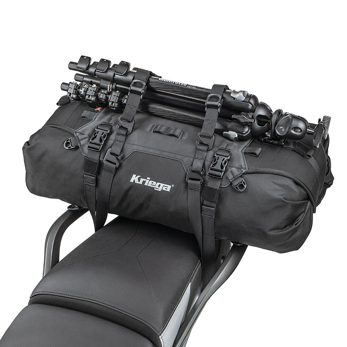 Kriega OS-Mini Cam Straps in use with luggage affixed to bike